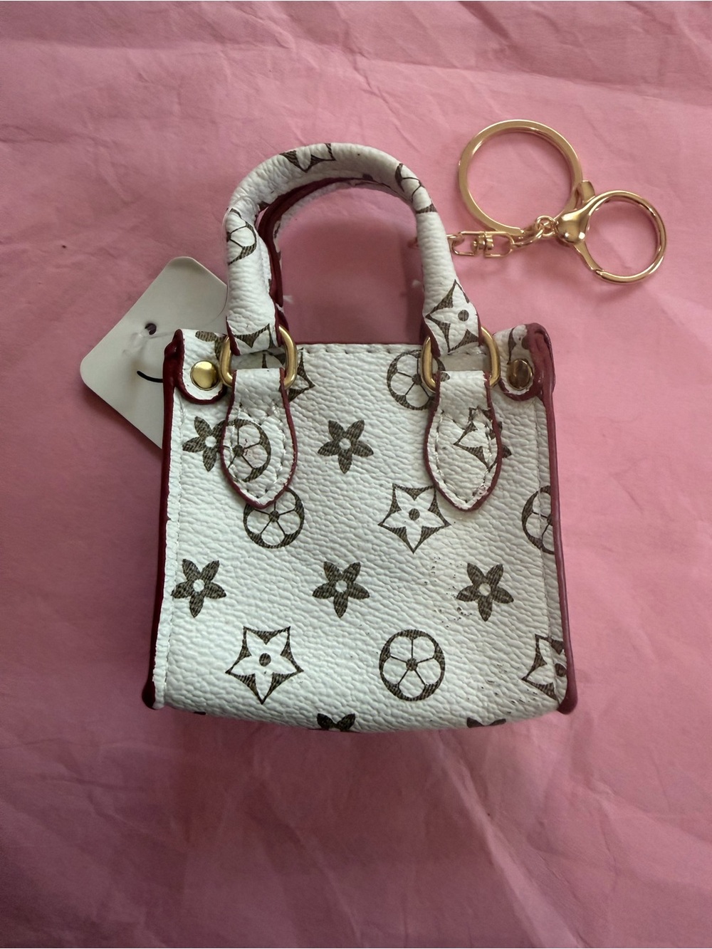 White Mini Tote Keychain with Brown Monogram Pattern